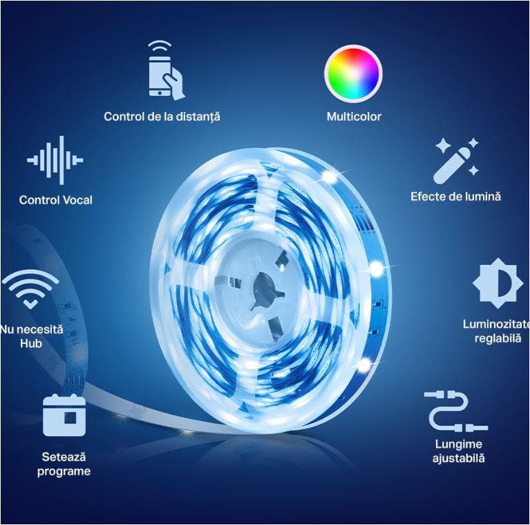 TP-Link Tapo L900-10 Smart light strip kit, 16 milioane culori, 2 x 5m, dimensiuni: 5000 × 10 × 1.6 mm fiecare, Wi-Fi Protocol: IEEE 802.11b/g/n, Frecventa: 2.4 GHz, intensitate reglabila.