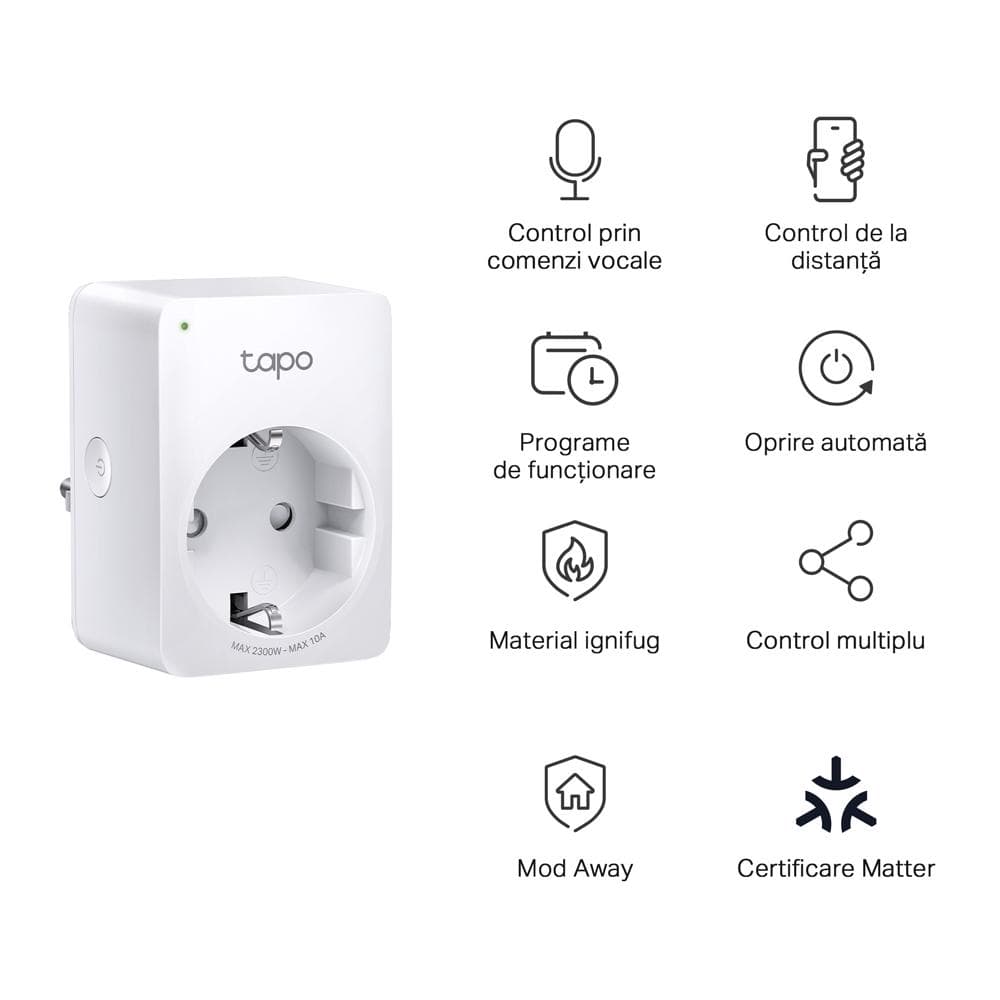 TP-LINK TAPO P100M Mini priză Wi-Fi smart, compatibilă cu Matter, WIFI Protocol: IEEE 802.11b/g/n, Bluetooth, 2.4Ghz, Dimensiuni: 72 × 51 × 40 mm, Cerinte de alimentare: 100-240V~, Incarcare maxima: 2,300W, 10A.