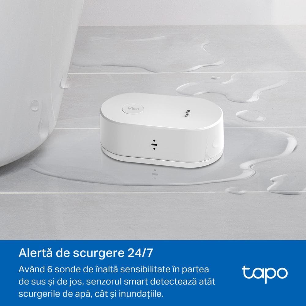 TP-LINK TAPO T300, Senzor smart de scurgeri de apa (necesită Hub Tapo), Wireless: 868, Alimentare: 2 baterii tip AAA (incluse), Dimensiuni: 84.5 × 46.5 × 30 mm.