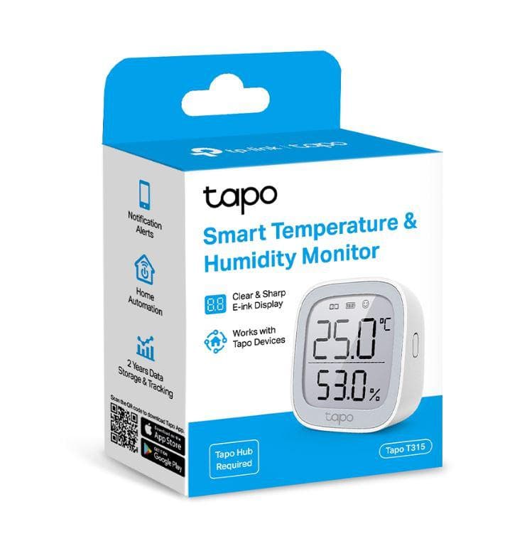 TP-LINK TAPO T315, Monitor smart de temperature si umiditate (necesită Hub Tapo), Wireless: 868 / 922 MHz, Acuratete temperature: ±0.3°C, Acuratete umiditate: ±3%RH, Dimensiuni: 62 × 62 × 24.5 mm, Alimentare: 2 × AAA/LR03 battery