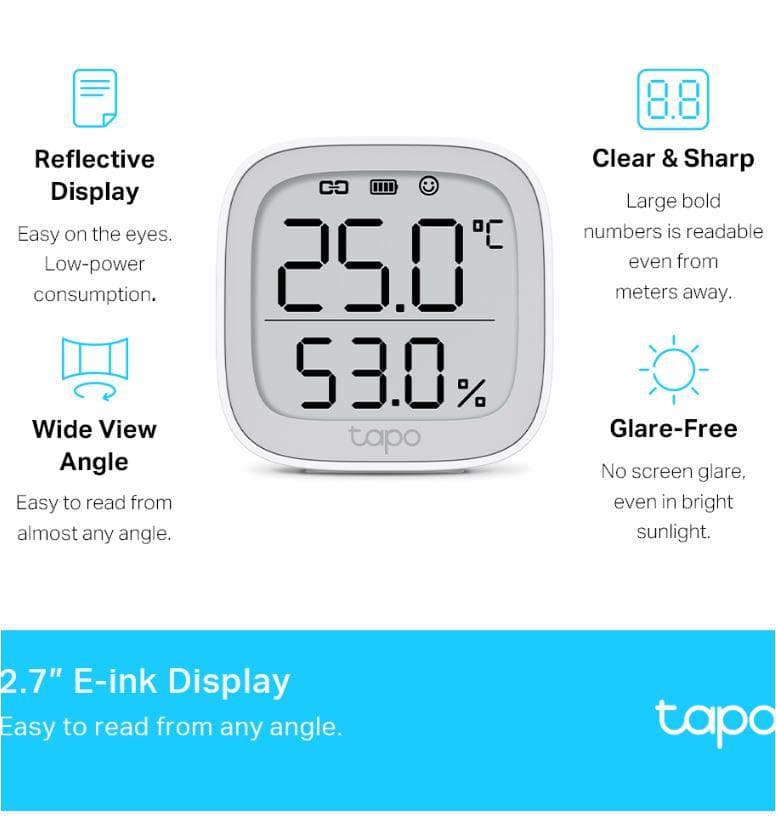 TP-LINK TAPO T315, Monitor smart de temperature si umiditate (necesită Hub Tapo), Wireless: 868 / 922 MHz, Acuratete temperature: ±0.3°C, Acuratete umiditate: ±3%RH, Dimensiuni: 62 × 62 × 24.5 mm, Alimentare: 2 × AAA/LR03 battery