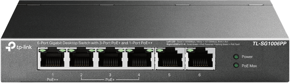"6-Port Gigabit Desktop Switch with 3-Port PoE+ and 1-Port PoE++ PORT: 1× Gigabit PoE++ Port, 3× Gigabit PoE+ Ports, 2x Gigabit Non-PoE Ports SPEC: 802.3af/at/bt type3, 64 W PoE Power,  Desktop Steel Case FEATURE: Extend Mode for 250m PoE Transmitting for Port1-2, PoE Auto Recovery for Port1-4, Plug