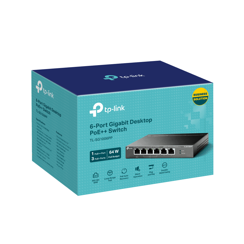 "6-Port Gigabit Desktop Switch with 3-Port PoE+ and 1-Port PoE++ PORT: 1× Gigabit PoE++ Port, 3× Gigabit PoE+ Ports, 2x Gigabit Non-PoE Ports SPEC: 802.3af/at/bt type3, 64 W PoE Power,  Desktop Steel Case FEATURE: Extend Mode for 250m PoE Transmitting for Port1-2, PoE Auto Recovery for Port1-4, Plug