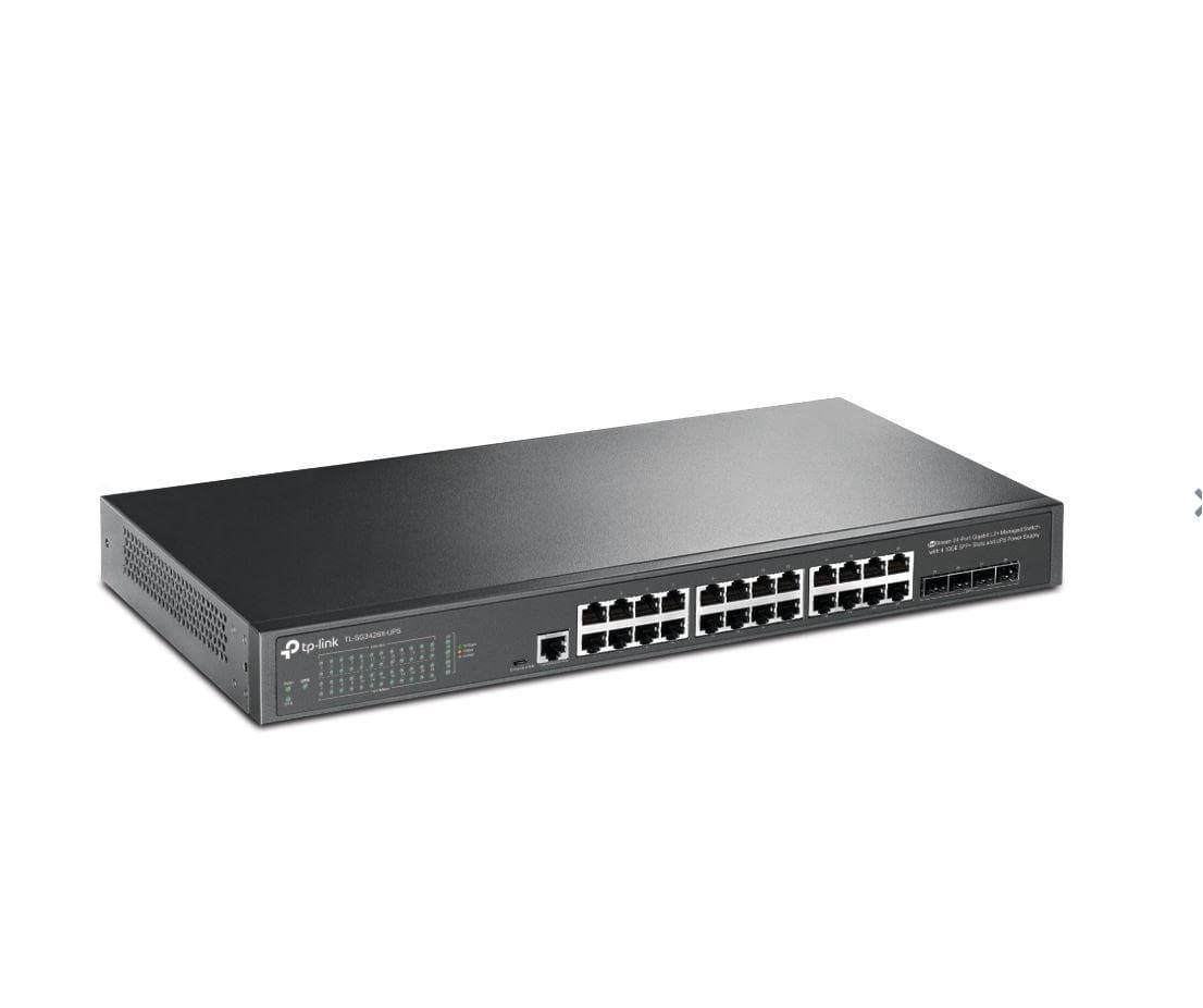 "JetStream™ 24-Port Gigabit L2+ Managed Switch with 4 10GE SFP+ Slots and UPS Power Supply PORT: 24× Gigabit RJ45 Ports, 4× 10G SFP+ Slots, RJ45/Micro-USB Console Port SPEC: 1U 19-inch Rack-mountable Steel Case FEATURE: Static Routing, OAM, sFlow, DDM, 802.1Q VLAN, QinQ, STP/RSTP/MSTP, IGMP