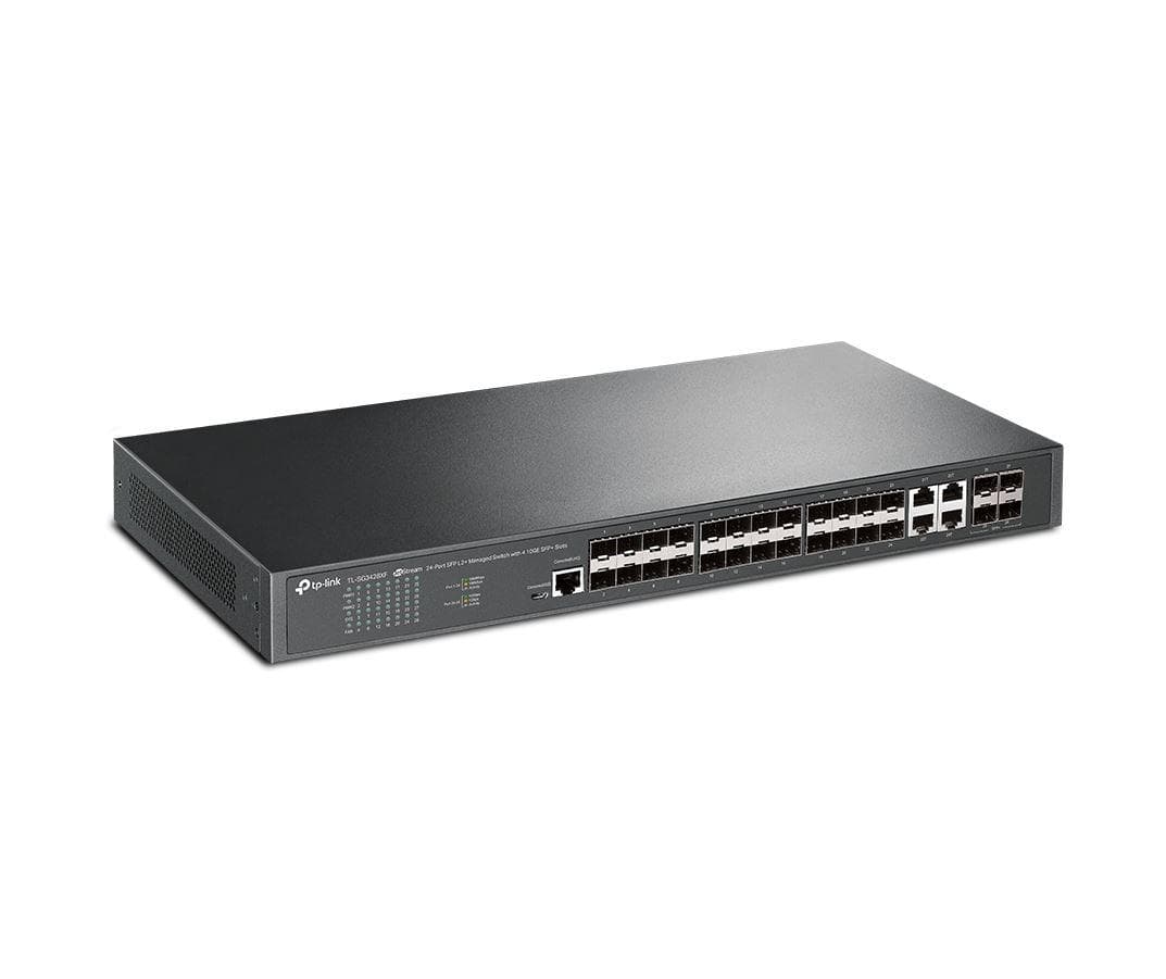 "JetStream™ 24-Port SFP L2+ Managed Switch with 4 10GE SFP+ Slots PORT: 20× Gigabit SFP Ports, 4× Gigabit SFP/RJ45 Combo Ports, 4× 10G SFP+ Slots, RJ45/Micro-USB Console Port SPEC: 1U 19-inch Rack-mountable Steel Case FEATURE: Integration with JetStream™ SDN Controller, Static Routing, OAM, sFlow