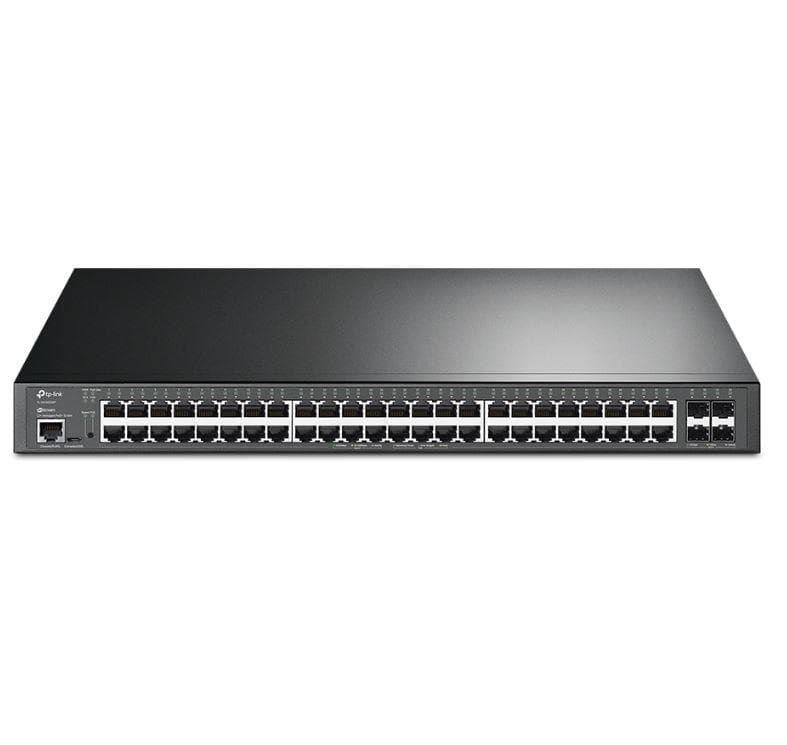 "JetStream™ 48-Port Gigabit and 4-Port 10GE SFP+ L2+ Managed Switch with 48-Port PoE+ PORT: 48× Gigabit PoE+ Ports, 4× 10G SFP+ Slots, RJ45/Micro-USB Console Port SPEC: 802.3at/af, 500 W PoE Power, 1U 19-inch Rack-mountable Steel Case FEATURE: Integration with JetStream™ SDN Controller,Static