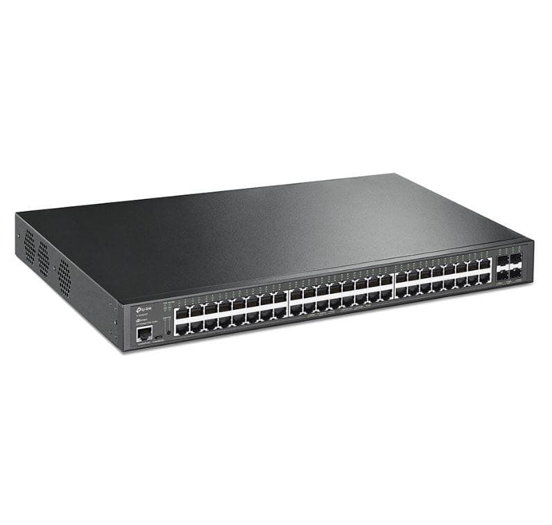 "JetStream™ 48-Port Gigabit and 4-Port 10GE SFP+ L2+ Managed Switch with 48-Port PoE+ PORT: 48× Gigabit PoE+ Ports, 4× 10G SFP+ Slots, RJ45/Micro-USB Console Port SPEC: 802.3at/af, 500 W PoE Power, 1U 19-inch Rack-mountable Steel Case FEATURE: Integration with JetStream™ SDN Controller,Static
