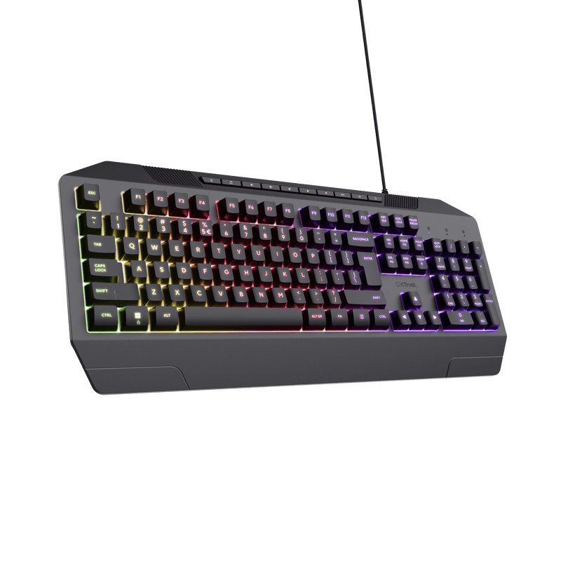 Tastatura Trust cu fir GXT836 Evocs, numar butoane 114, interfata USB 2.0, conector USB-A, iluminare RGB rainbow, negru