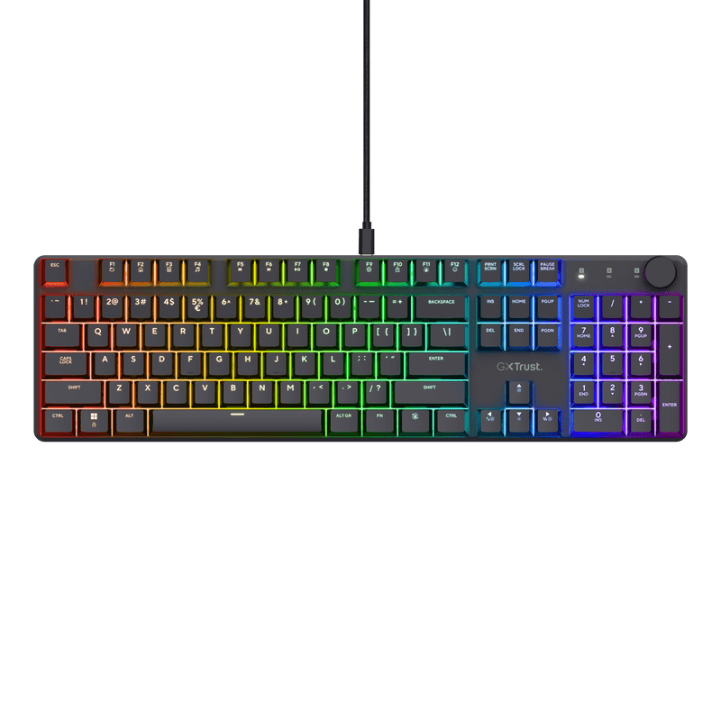Tastatura mecanica Trust GXT 866 Torix cu fir, swtich linear, 104 butoane, full RGB, butoane programabile, tipuri de jocuri FPS, MMO, MOBA, RPG, RTS, negru