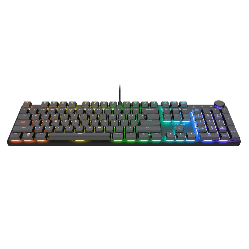 Tastatura mecanica Trust GXT 866 Torix cu fir, swtich linear, 104 butoane, full RGB, butoane programabile, tipuri de jocuri FPS, MMO, MOBA, RPG, RTS, negru