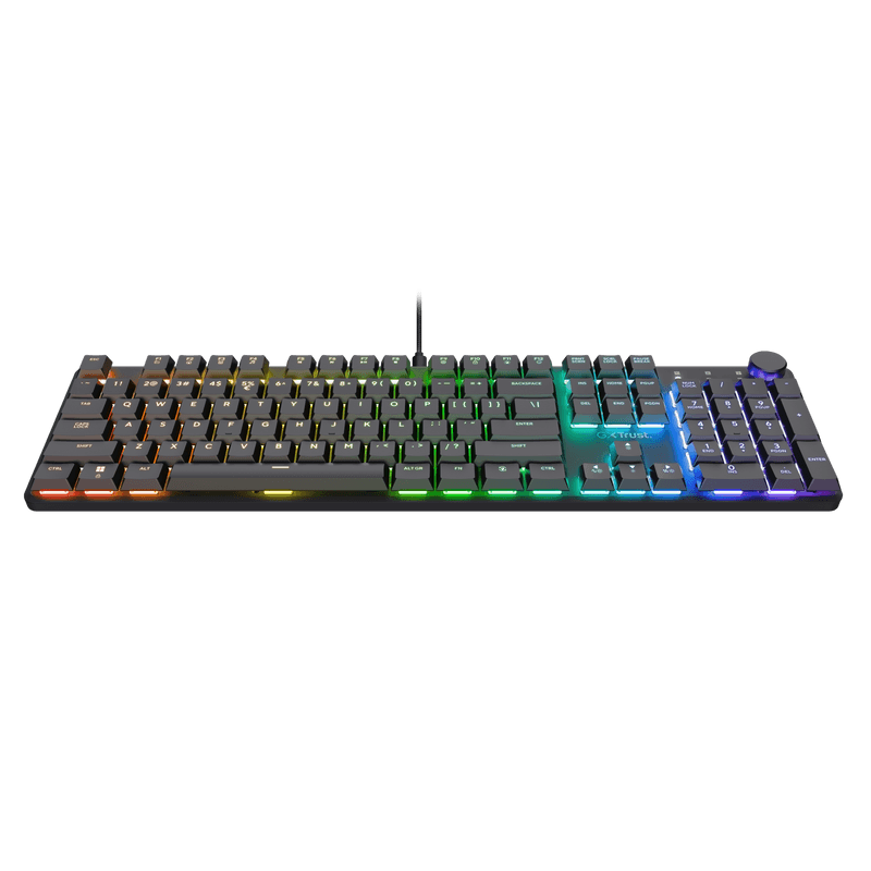 Tastatura mecanica Trust GXT 866 Torix cu fir, swtich linear, 104 butoane, full RGB, butoane programabile, tipuri de jocuri FPS, MMO, MOBA, RPG, RTS, negru