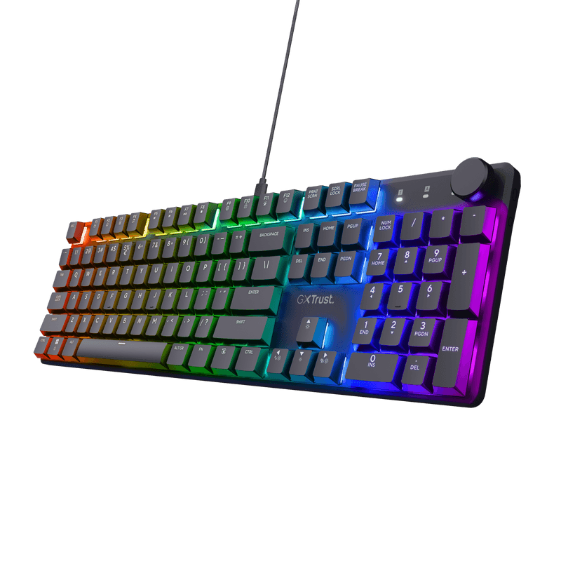 Tastatura mecanica Trust GXT 866 Torix cu fir, swtich linear, 104 butoane, full RGB, butoane programabile, tipuri de jocuri FPS, MMO, MOBA, RPG, RTS, negru
