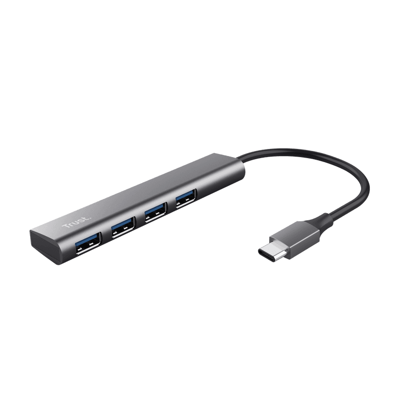 HUB USB Trust Halyx, USB-C la 4 x USB-A 3.2 Gen 1, dimensiune cablu 10cm, din aluminiu, argintiu