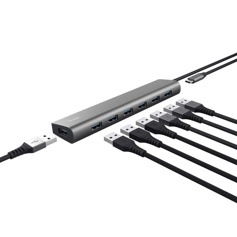 Hub Trust Halyx , 7 porturi USB 3.2 Gen 1, material aluminiu, input USB- C, output USB-A 7, gri