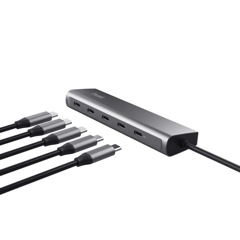 Hub Trust Halyx, 5 porturi USB-C 3.2 gen 1: 1 USB-C 100W PD port / 4 USB-C data ports, USB PD 3.0, gri