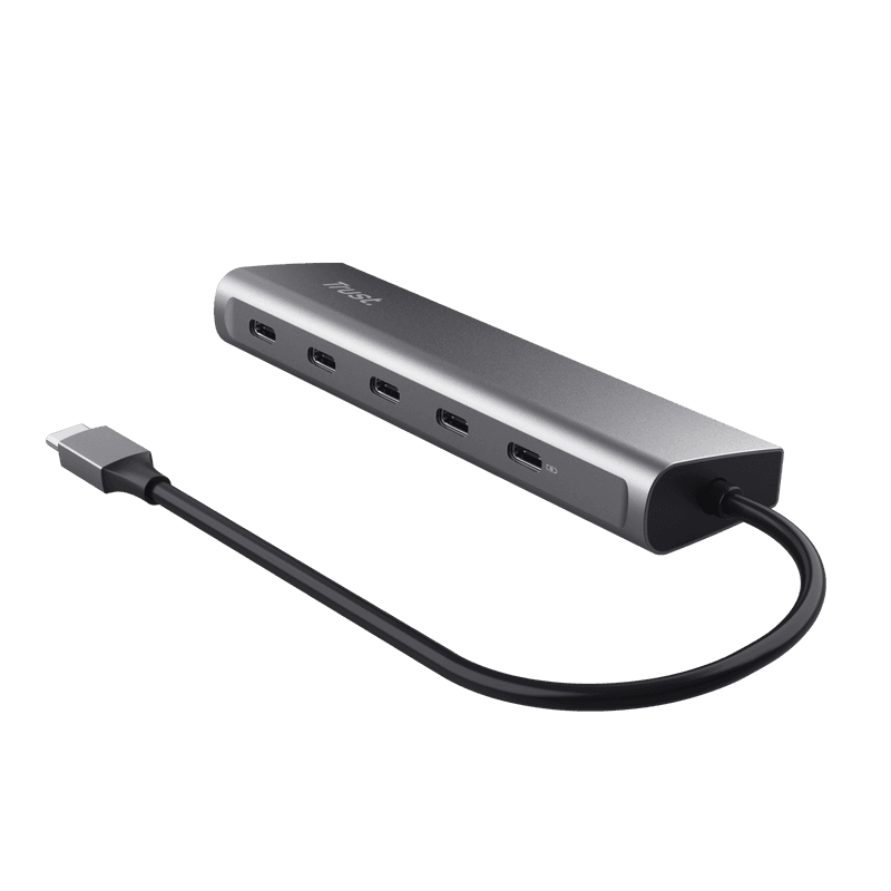 Hub Trust Halyx, 5 porturi USB-C 3.2 gen 1: 1 USB-C 100W PD port / 4 USB-C data ports, USB PD 3.0, gri