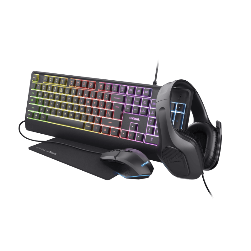 Kit Trust GXT 792 Quadrox 4-in-1, kitul contine: casti gaming, tastatura gaming, mouse gaming, mousepad, adaptor