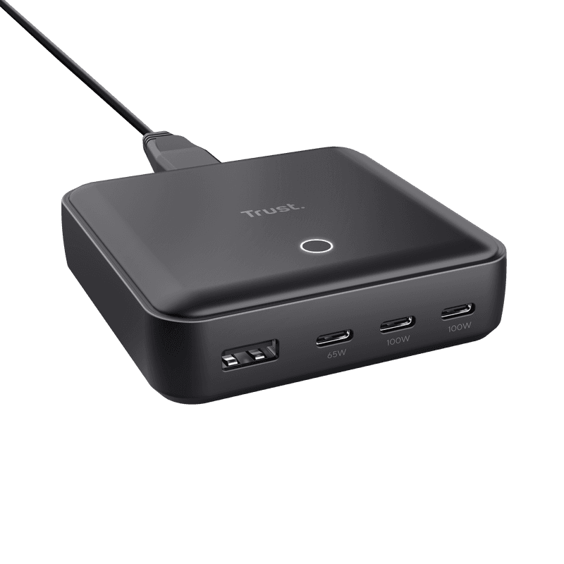 Statie de incarcare Trust,  4 porturi: 1 x USB-A & 3 x USB-C, putere maxima 100W, compatibil cu laptop, tableta, smartphone, accessorii, negru