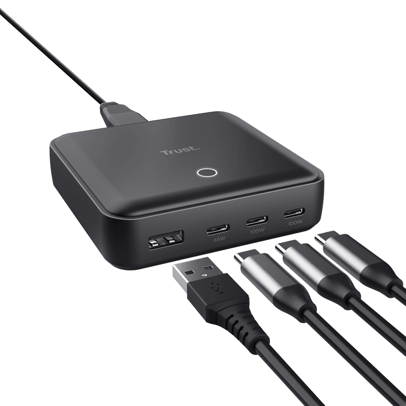 Statie de incarcare Trust,  4 porturi: 1 x USB-A & 3 x USB-C, putere maxima 100W, compatibil cu laptop, tableta, smartphone, accessorii, negru