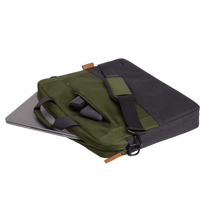 Geanta laptop Trust Lisboa, pentru laptopuri cu diagonala pana in 15.6", 2 compartimente, material POM, RPET Polyester, RPET, volum 2.1 L,  verde
