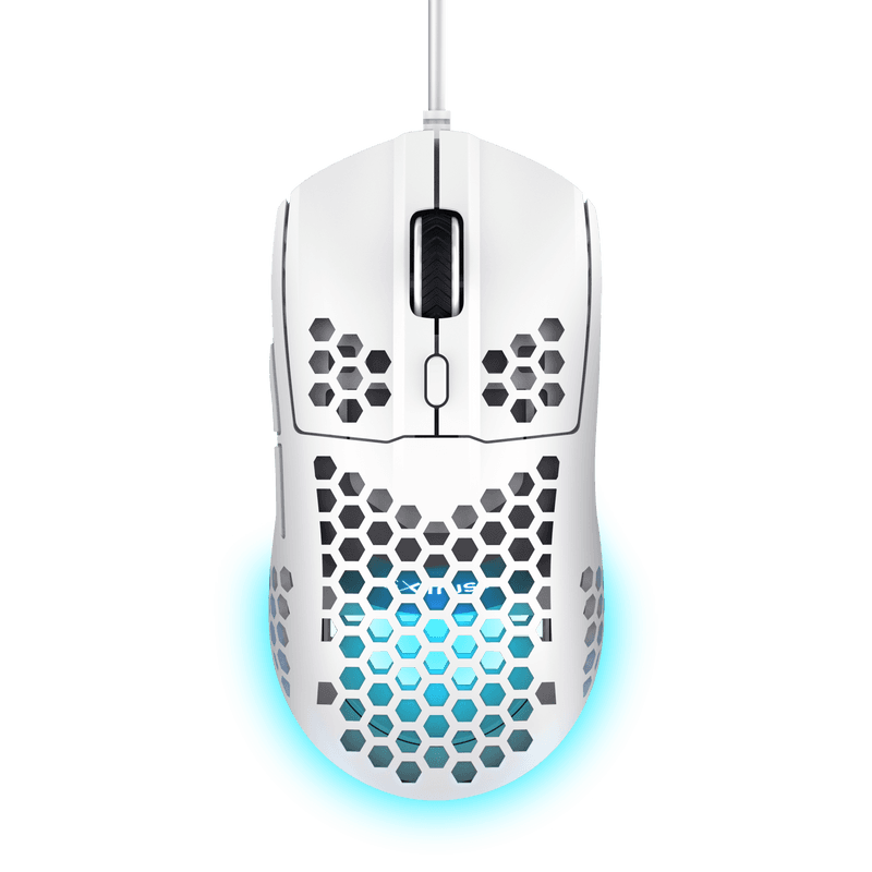 Mouse cu fir Trust GXT 928W Helox, rezolutie maxima 6400 DPI, 6 butoane, interfata USB-A, alb