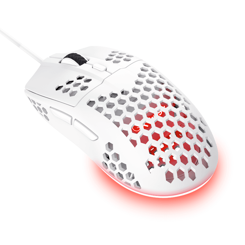 Mouse cu fir Trust GXT 928W Helox, rezolutie maxima 6400 DPI, 6 butoane, interfata USB-A, alb