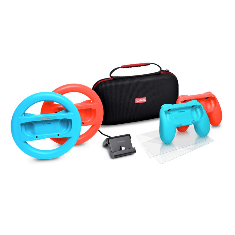 Pachet accesorii Trust pentru conosola Nintendo Switch, pachetul contine: husa de transport, 2 x prinderi Joy-Con, 2 x volan, sticla securizata pentru Switch, sticla securizata pentru Switch OLED, stand de incarcare, cablu USB-C-A, manual de utilizator