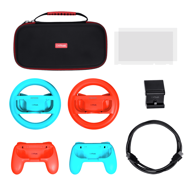 Pachet accesorii Trust pentru conosola Nintendo Switch, pachetul contine: husa de transport, 2 x prinderi Joy-Con, 2 x volan, sticla securizata pentru Switch, sticla securizata pentru Switch OLED, stand de incarcare, cablu USB-C-A, manual de utilizator