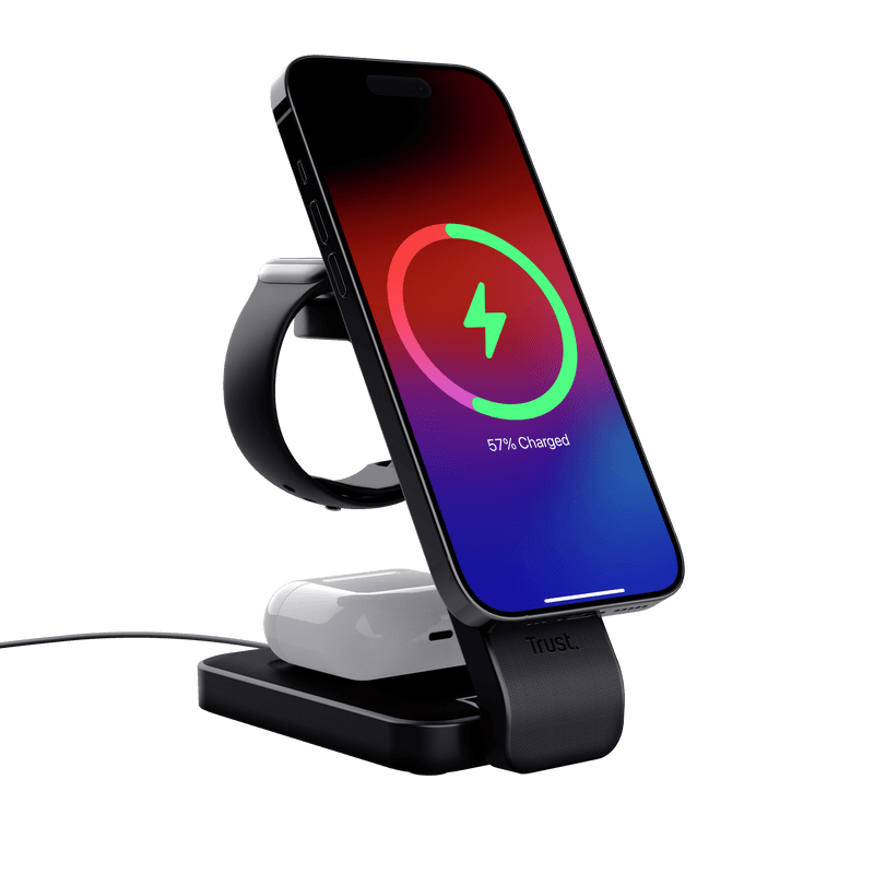 Stand de incarcare 3-in-1 Trust Viro, putere intrare 20W, interfata USB- C, compatibil cu produsele din brandul Apple: iPhone (12 si modele mai noi), Airpods si Apple Watch, negru