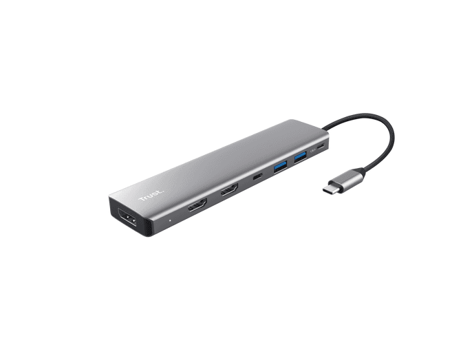 Adaptor Trust Dalyx 7-in-1, 2 porturi interfata USB-A 3.2 gen 1, 1 port USB-C, 2 porturi HDMI, 1 display port, 1 charging port USB-C 100W, led indicator oprit/pornit, lungime cablu 16cm, gri