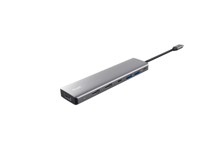 Adaptor Trust Dalyx 7-in-1, 2 porturi interfata USB-A 3.2 gen 1, 1 port USB-C, 2 porturi HDMI, 1 display port, 1 charging port USB-C 100W, led indicator oprit/pornit, lungime cablu 16cm, gri