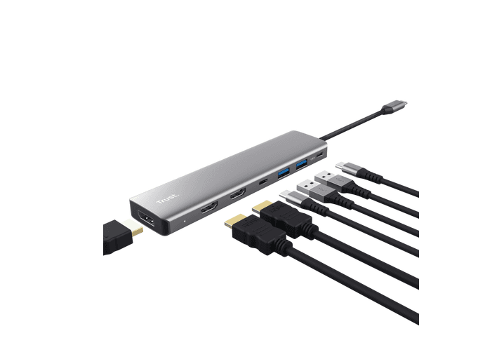 Adaptor Trust Dalyx 7-in-1, 2 porturi interfata USB-A 3.2 gen 1, 1 port USB-C, 2 porturi HDMI, 1 display port, 1 charging port USB-C 100W, led indicator oprit/pornit, lungime cablu 16cm, gri