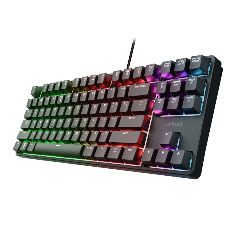 Tastatura gaming mecanica cu fir Trust GXT 864 Cada TKL, iluminare, swithc tactile Huano, numar taste 87, negru