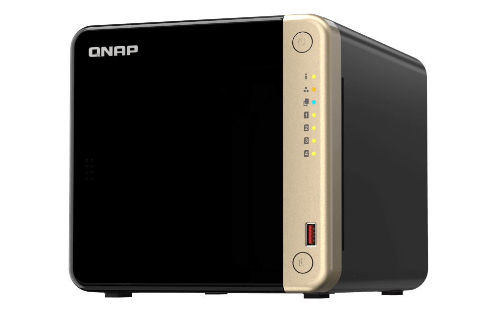 NAS QNAP 464 4-Bay, CPU Intel Celeron N5105/N5095 4-core/4-thread Processor, RAM 8 GB DDR4 (onboard, not expandable), HDD 4 x 2.5"/3.5" SATA 6Gbps + 2 x M.2 2280 PCIe Gen 3 x1 SSD slots (neincluse), LAN: 2 x 2.5GbE (optional 10GbE expansion via a PCIe card), USB3.2 Gen2: 2 x Type-A USB2.0: 2, tower