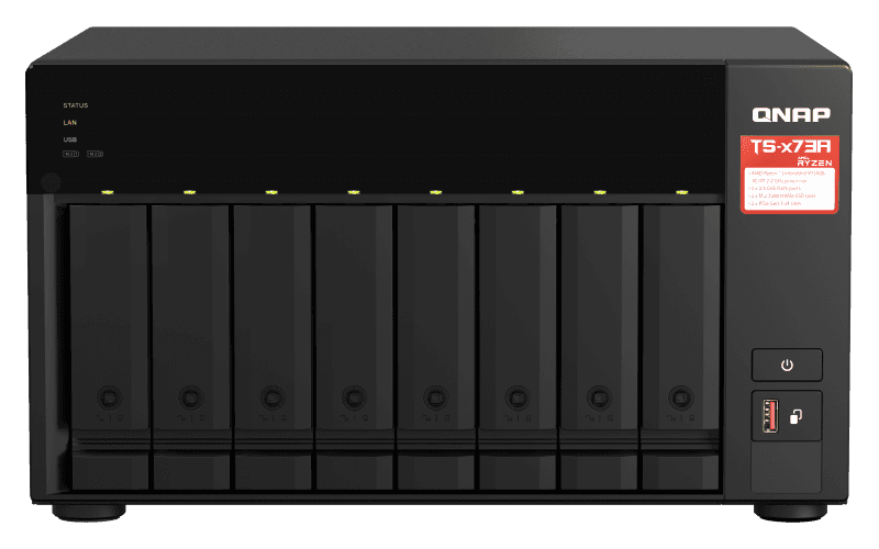 NAS QNAP 873A 8-Bay, CPU AMD Ryzen V1000 series V1500B 4C/8T 2.2GHz, RAM 8GB (1x 8GB) DDR4 (2 x SODIMM slots, max. 64GB, suport optional ECC RAM), 8x 2.5/3.5 SATA 6Gbps, 2x M.2 2280 NVMe PCIe Gen3 x1 HDD (neincluse), LAN: 2 x 2.5GbE (optional port 10GbE prin placa PCIe), tower, single PSU, 250W