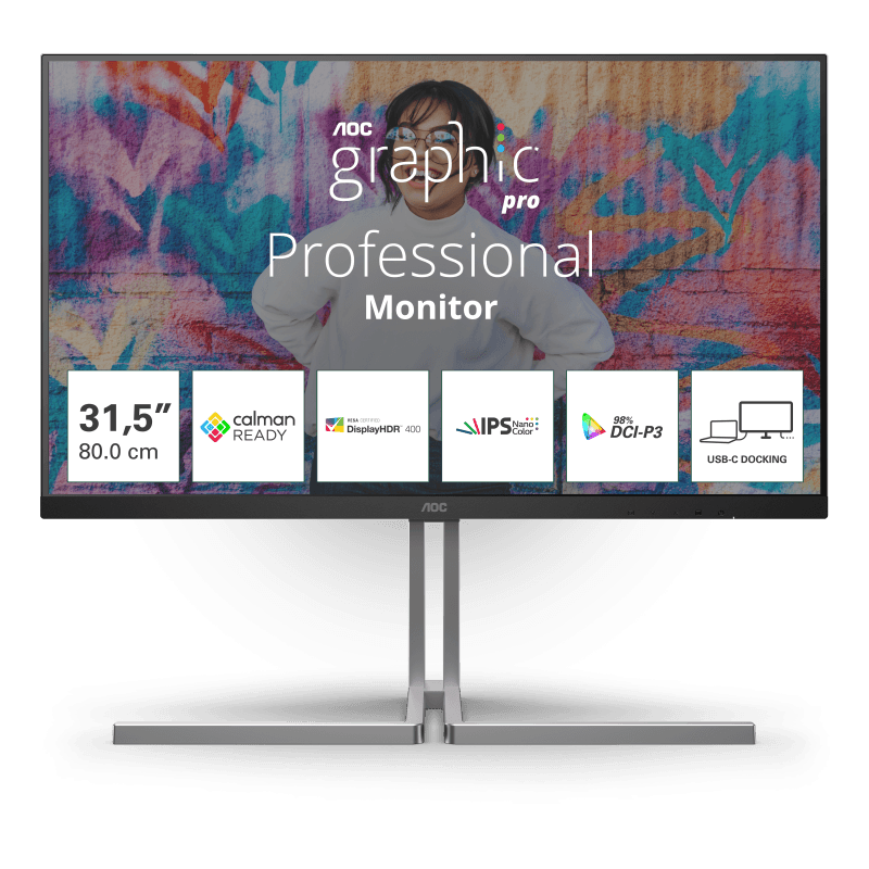 "Monitor AOC 31.5"" U32U3CV, Diagonal (inch): 31.5, Diagonal (cm): 80, Aspect ratio: 16:9, Panel: IPS, Resolution: 3840x2160, Refresh Rate: 60Hz, Response time GtG: 4ms, Brightness (max): 400 cd/m², Contrast (static) : 1000:1, Contrast (dynamic): 50M:1, Viewing angle: 178/178, Color Gamut Type