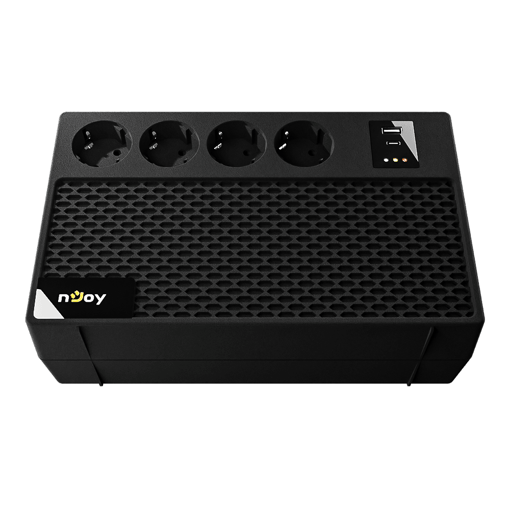 UPS nJoy Renton 650 Plus, 650VA / 360W, 4x prize Schuko conectate la baterie, 1x port incarcare USB Tip C 33W, 1x port de incarcare USB Tip A 18W, fara display LCD, tensiune nominala de intrare 230V  Caracteristici Stabilizator (AVR) de tip Boost and Buck Functie auto-restart la revenirea tensiunii