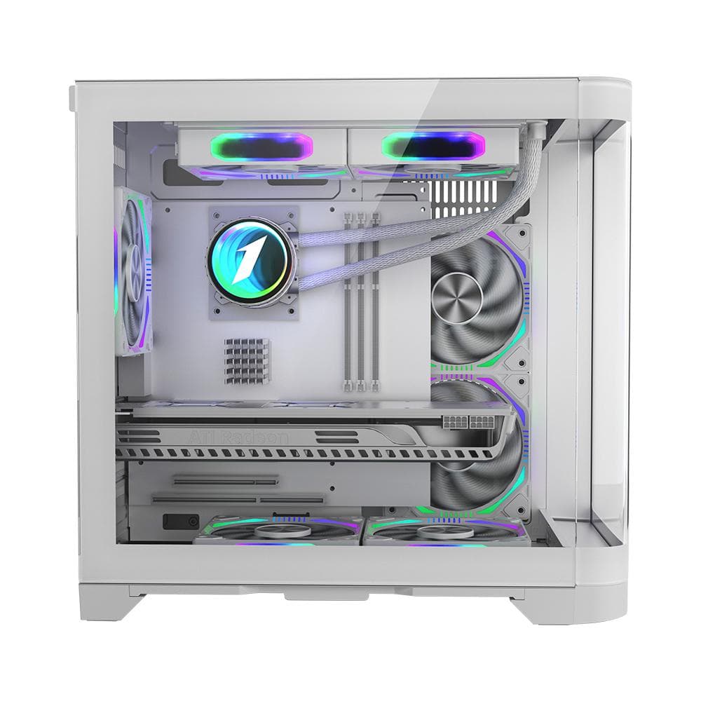 Carcasa 1stPlayer gaming UV5-wh-Hub, 5 ventilatoare aRGB infinity efect plus PWM, telecomanda, Micro-ATX, alb