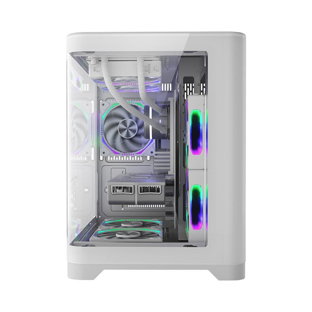 Carcasa 1stPlayer gaming UV5-wh-Hub, 5 ventilatoare aRGB infinity efect plus PWM, telecomanda, Micro-ATX, alb