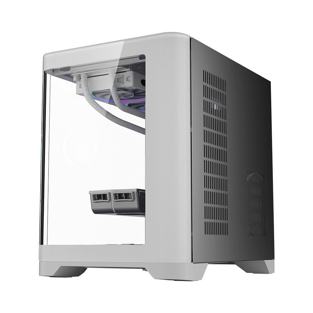 Carcasa 1stPlayer gaming UV5-wh-Hub, 5 ventilatoare aRGB infinity efect plus PWM, telecomanda, Micro-ATX, alb