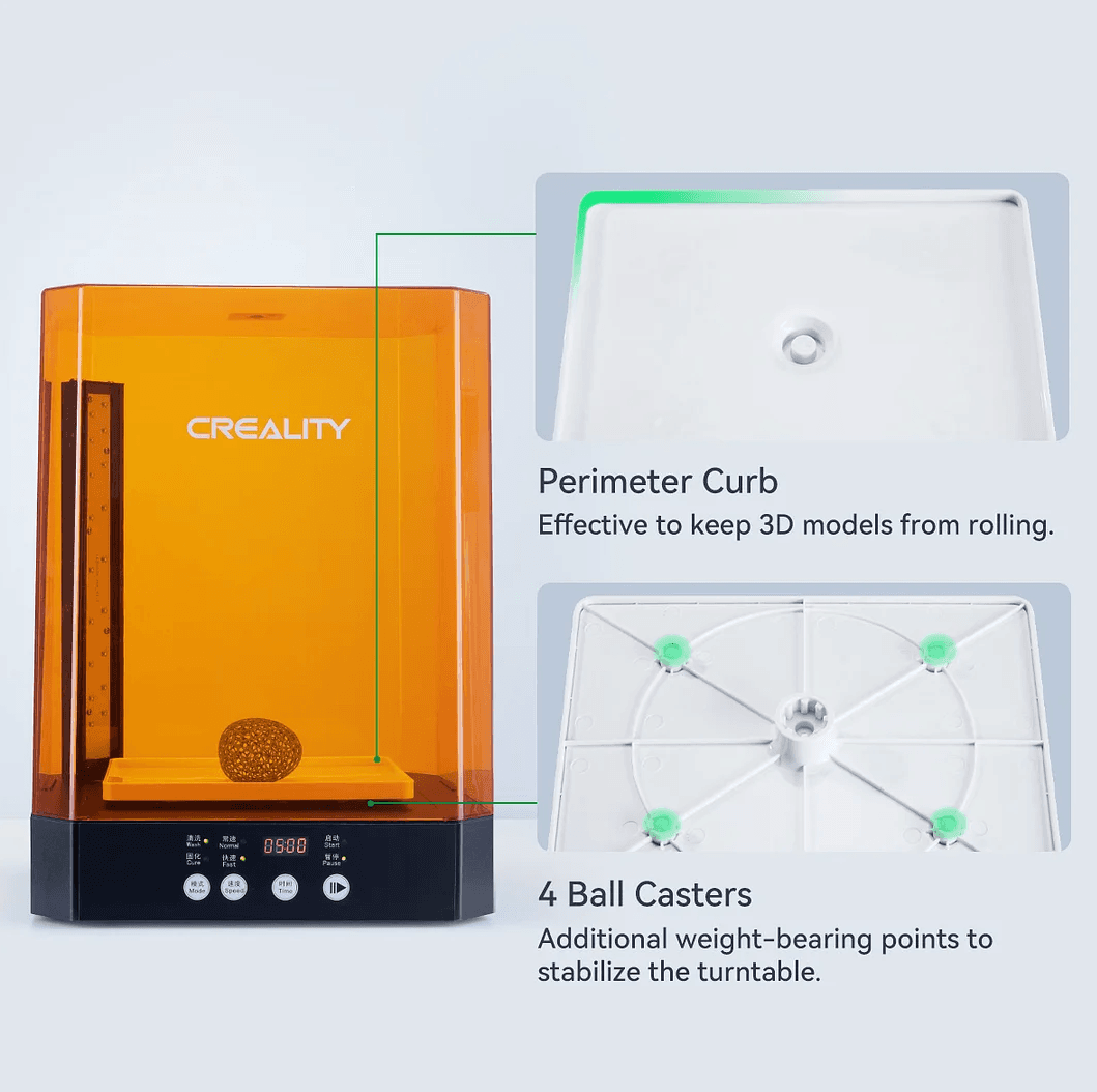 Creality masina de spalat si intarire modele 3D rasina UV, UW-03, timp spalare/intarire: 5-30 min , rand dublu de lampi cu lumina ultraviolet, platorma rotative 360°, dimensiuni maxime spalare:210*160*200mm, dimensiuni maxime uscare si intarire: 215*165*300mm, putere 60W, 2 trepte de viteza