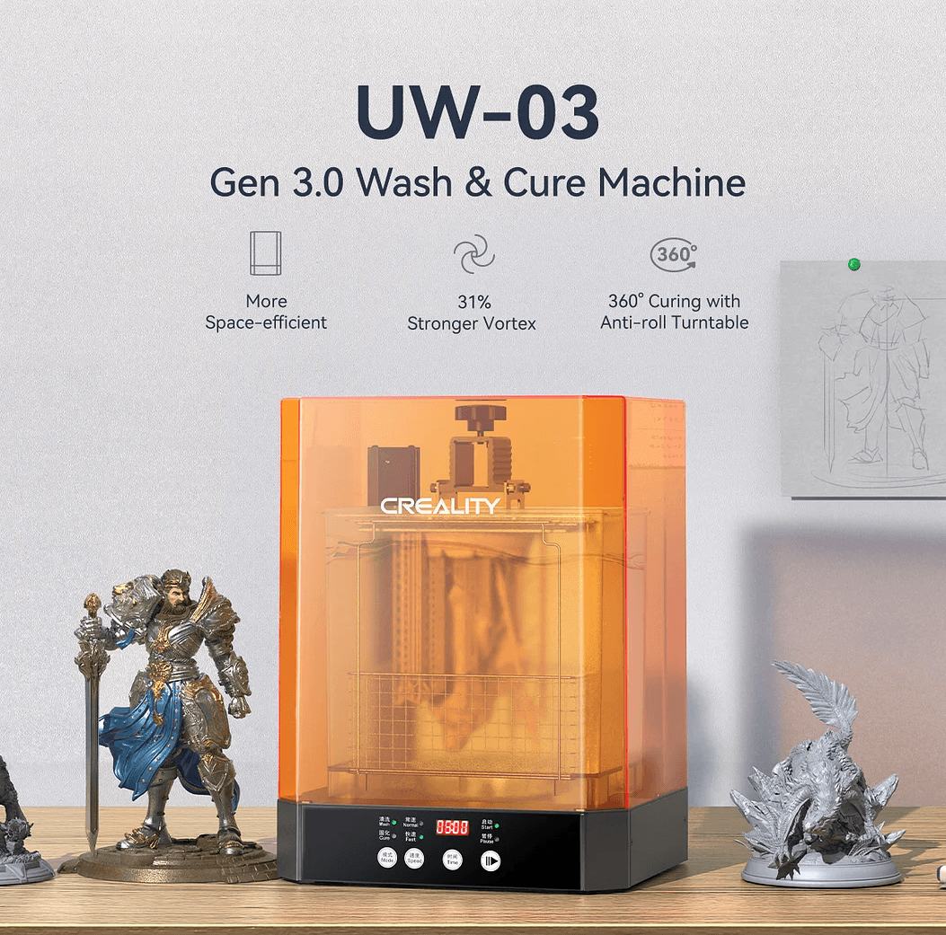 Creality masina de spalat si intarire modele 3D rasina UV, UW-03, timp spalare/intarire: 5-30 min , rand dublu de lampi cu lumina ultraviolet, platorma rotative 360°, dimensiuni maxime spalare:210*160*200mm, dimensiuni maxime uscare si intarire: 215*165*300mm, putere 60W, 2 trepte de viteza