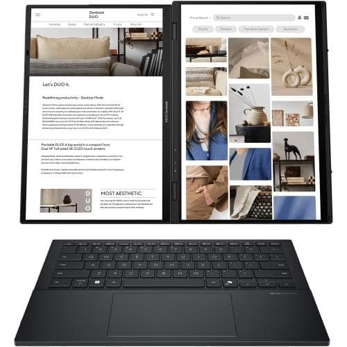 Laptop Asus Zenbook Duo, UX8406CA-QL118X, 14.0-inch, FHD (1920 x 1200)OLED 16:10 aspect ratio, Intel® Core™ Ultra 7 Processor 255H (24M Cache,up to 5.10 GHz), 32GB LPDDR5X on board, 1TB M.2 NVMe™ PCIe® 4.0 SSD,120Hz refresh rate, 400nits, Glossy display, 1080p FHD camera, Wi-Fi7(802.11be)