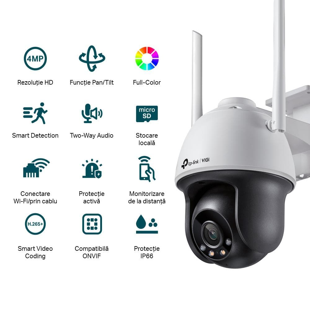 TP-LINK VIGI 4MP Outdoor PAN/TILT WI-FI Camera,VIGI C540-W(4mm),Senzor: 1/3", Lentila: 4mm, F1.6, Weatherproof: IP66, IR: 30m, Shutter speed: 1/3 to 1/10000 s, Unghi vizualizare: Orizontal: 79°, Vertical: 43°, Diagonal: 93°, Zoom digital, Rezolutie max: 2560 X 1440, Standarde wireless: IEEE