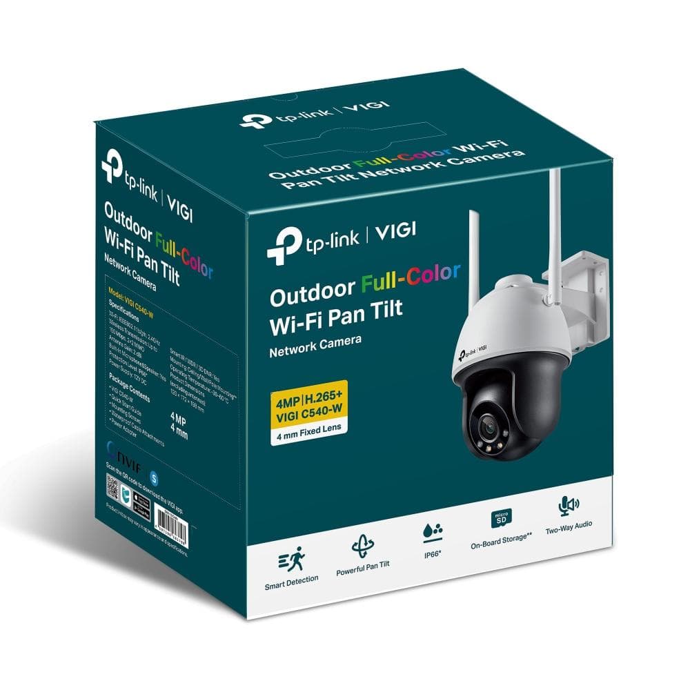 TP-LINK VIGI 4MP Outdoor PAN/TILT WI-FI Camera,VIGI C540-W(4mm),Senzor: 1/3", Lentila: 4mm, F1.6, Weatherproof: IP66, IR: 30m, Shutter speed: 1/3 to 1/10000 s, Unghi vizualizare: Orizontal: 79°, Vertical: 43°, Diagonal: 93°, Zoom digital, Rezolutie max: 2560 X 1440, Standarde wireless: IEEE