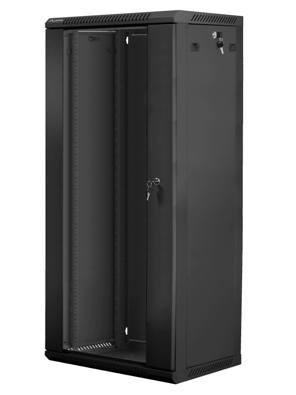 Dulap rack 19" perete 27U / 600x450 (flat pack) cu ușă din sticlă, negru  V2