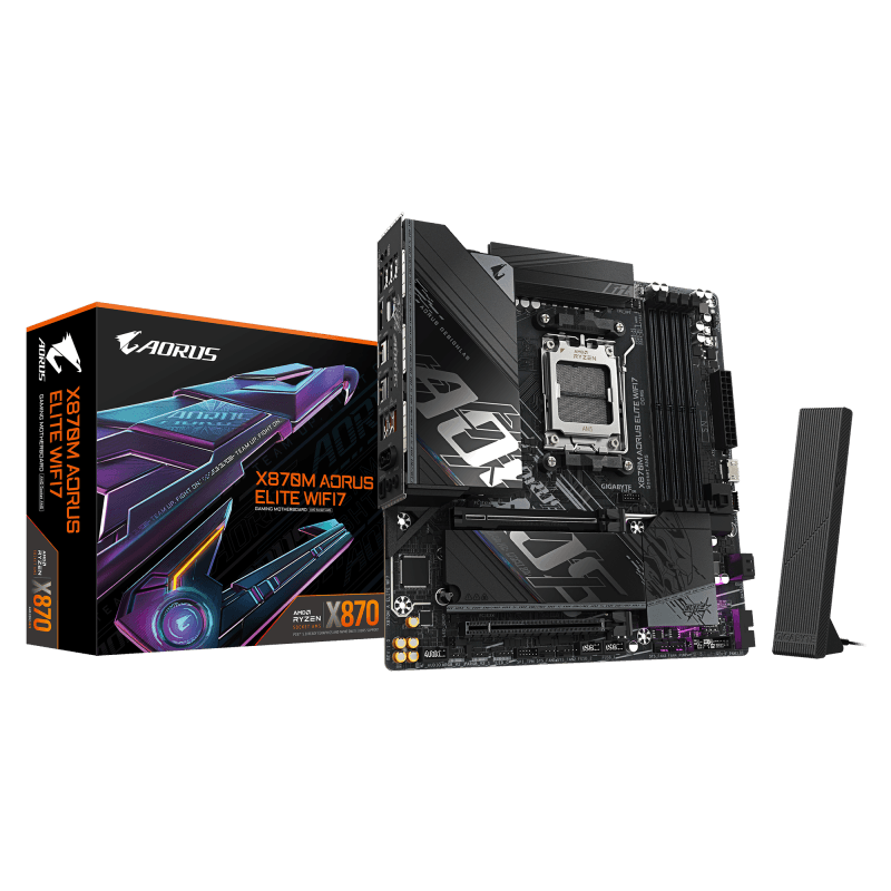 GIGABYTE X870M AORUS ELITE WIFI7. Processor manufacturer: AMD, Processor socket: Socket AM5, Compatible processor series: AMD Ryzen 7000 Series, AMD Ryzen 8000 Series, AMD Ryzen 9000 Series. Supported memory types: DDR5-SDRAM, Maximum internal memory: 256 GB, Memory slots type: DIMM. Supported