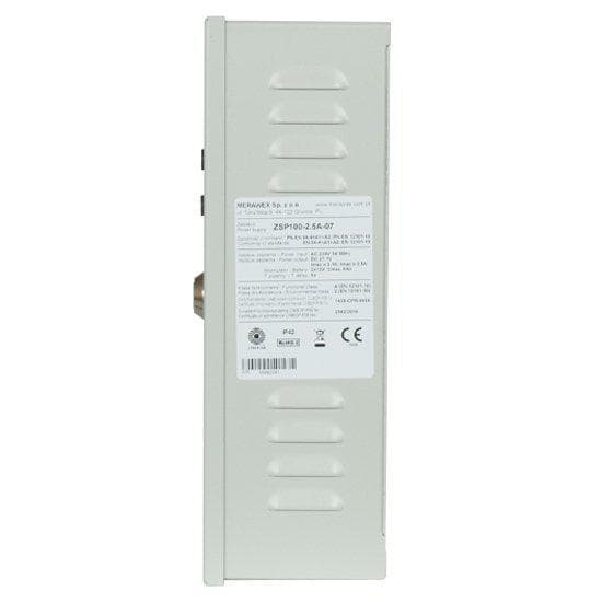Sursa de alimentare pentru sisteme de detectie incendiu 24V/2.5A in cutie metalica Merawex ZSP100-2.5A-07, loc pentru 2 acumulatori 12V/9Ah, Tensiune de intrare: 100/230VAC, eficienta ridicata sub sarcina si consum redus, comunicare RS-232 / RS-485, rata scazuta de esec (0,5% in trei ani), iesiri