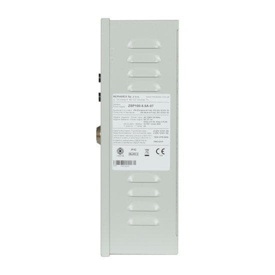 Sursa de alimentare pentru sisteme de detectie incendiu 24V/5.5A in cutie metalica Merawex ZSP100-5.5A-07 , loc pentru 2 acumulatori 12V/9Ah, Tensiune de intrare: 100/230VAC, eficienta ridicata sub sarcina si consum redus, comunicare RS-232 / RS-485, rata scazuta de esec (0,5% in trei ani), iesiri