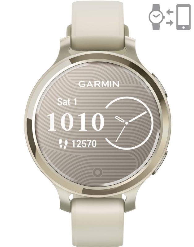 Ceas Garmin Lily 2 Active, display AMOLED, dimensiune afisaj 25,4 mm x 21,3 mm, rezolutie afisaj 240 x 201 pixeli, memorie 8GB, autonomie pana la 9 zile, rezistanta la apa pana la 5 ATM, greutate: 24,4g, ramă MLunar Glod şi curea Bone din silicon